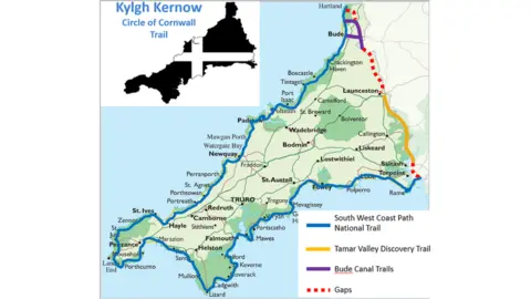 Tamara Landscape Map showing the proposed Cornish coast-to-coast footpath