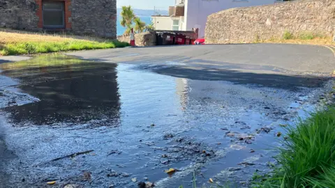 A view of water running down Victoria Road, Brixham from a leak on the grass verge by the highway