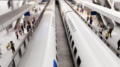 A computer image shows two long white trains inside a large station. Passengers are waiting to board.