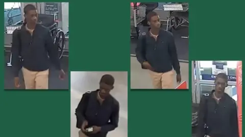 Police images of Terryon Thomas from surveillance footage. He is wearing a black, quarter-zip fleece and brown chinos.