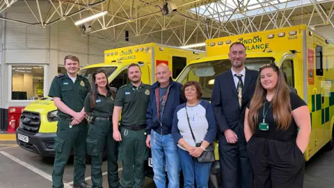 Reunion at Wimbledon Ambulance Station. John Beer, Laura Smith, Lewis Hawkins, Paul and Paula White, Paul Hughes and Millie Hurst