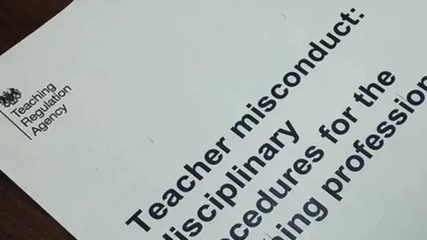 Teaching Regulation Agency A document with the Teaching Regulation Agency which has the words Teachers Misconduct and Disciplinary Procedures For the Teaching Profession in black letters on the front
