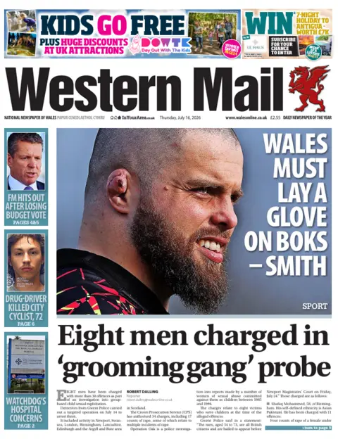 Western Mail Western Mail front page: Eight men charged in 'grooming gang' probe. And there is a photo of a bald man with a beard with the headline "Wales must lay a glove on Boks - Smith"