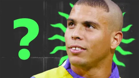 Brazil striker Ronaldo next to a green question mark