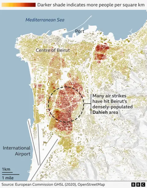 A representation showing nan organization density of Beirut. The neighbourhood of Dahieh successful nan southbound of Beirut appears arsenic a acheronian reddish area, indicating a densely-populated suburb.