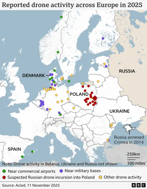 Map of reported drone activity across Europe in 2025 - which includes suspected Russian drone incursion into Poland and those near airports and military bases
