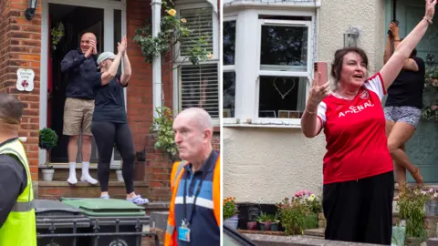 Jo Holland A composite image of people clapping counter-protesters outside their homes in Epping.