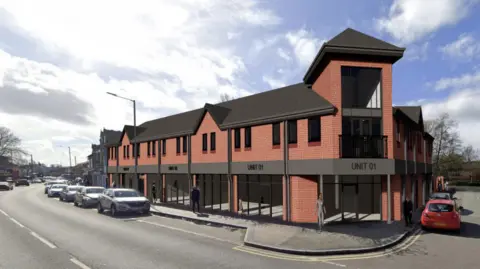 Artists impression of what the building would look like. It is a red brick two storey building with black tiling and detailing on it. There are cars parked along the side of the road