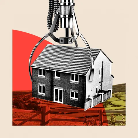 BBC A designed image showing a house being lifted up by a mechanical claw. 