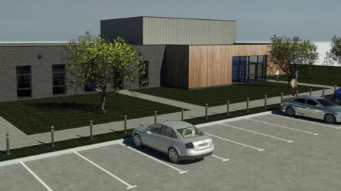 Artist impression of new sports centre development, showing a singe storey building with cars parked outside