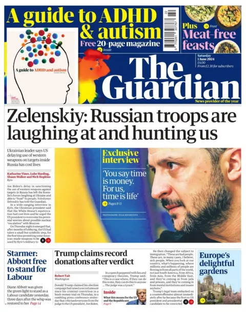 The Guardian headline read: Zelensky: Russian forces are laughing and hunting us