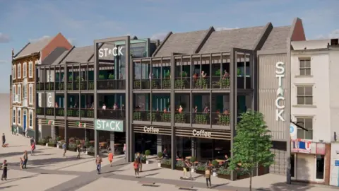 Computer-generated mock up of Stack, as a building with coffee shops on the ground floor.