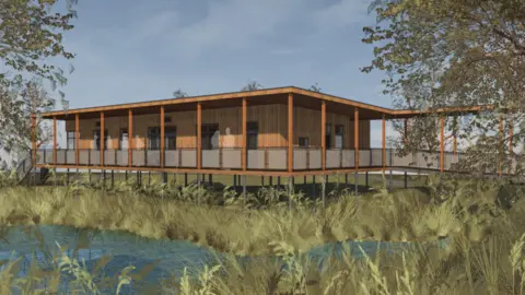 A CGI image of a wooden building built over the meadow.