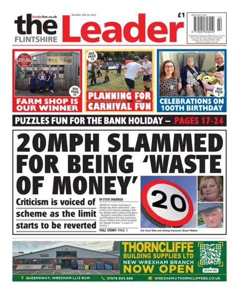Flintshire Leader Front page of the Flintshire Leader has a picture of a 20 miles per hour sign and the headline. 20 mph slammed for being a waste of money