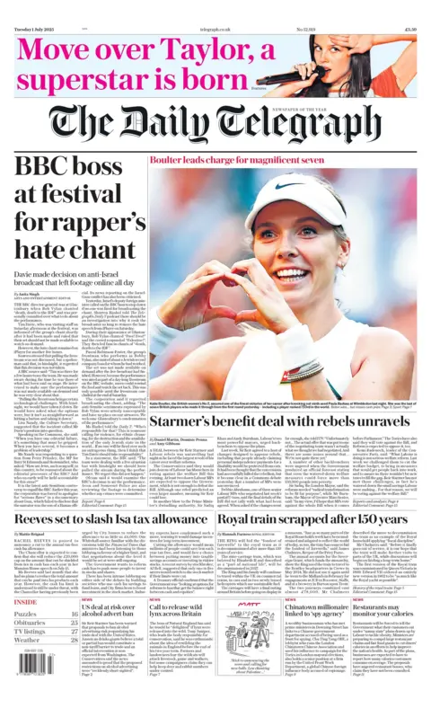 "BBC boss at festival for rapper's hate chant" reads the headline on the front page of The Daily Telegraph.