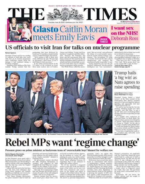 "US officials to visit Iran for talks on nuclear programme" reads the headline on the front page of The Times.