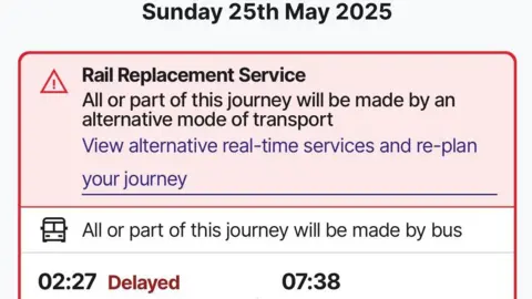 SWR A screenshot of an online rail timetable showing the replacement bus service on Sunday 25 May