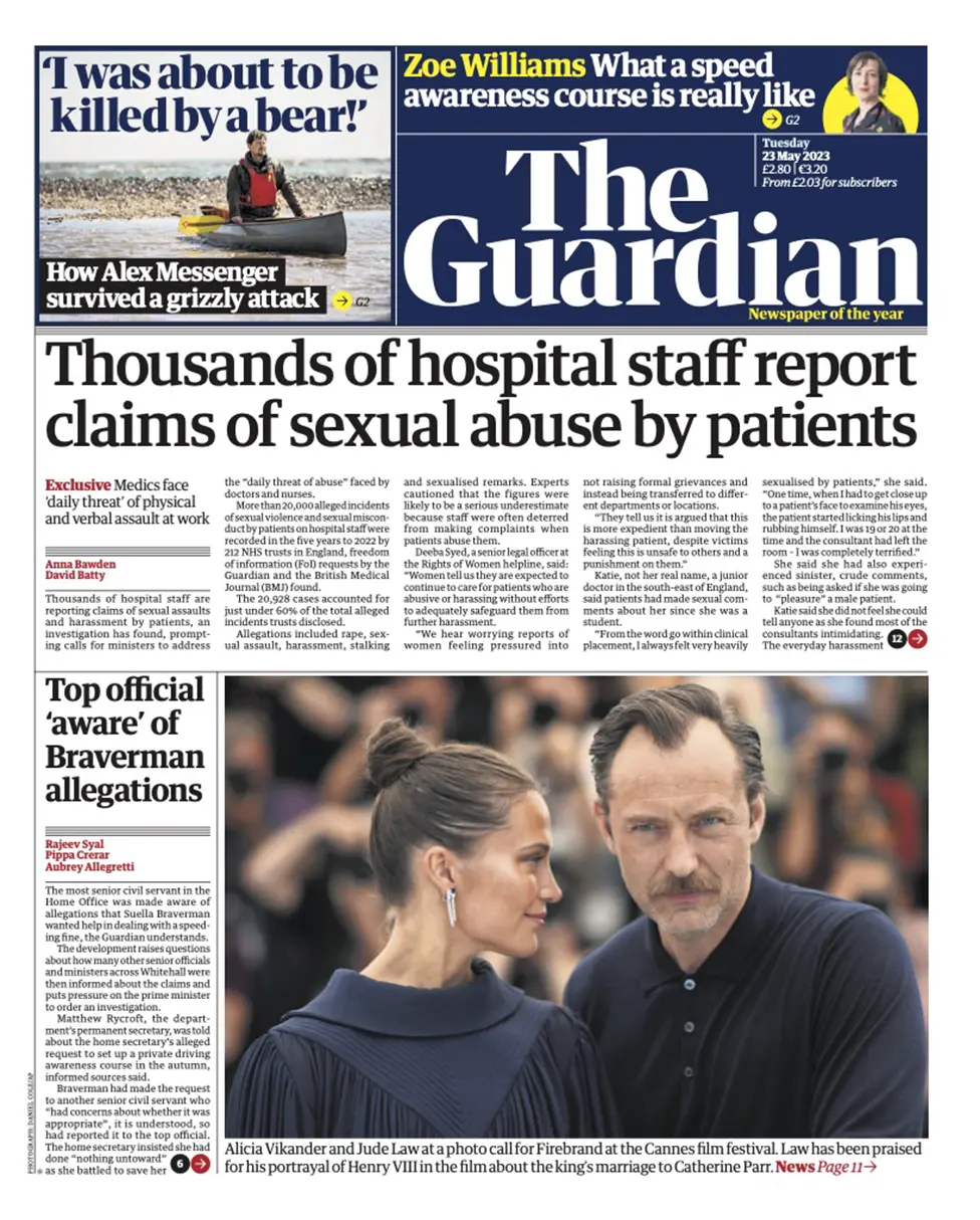 The headline in the Guardian reads: "Thousands of hospital staff report claims of sexual abuse by patients"