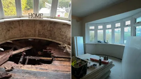 BBC The rotten living room floor and the new flooring