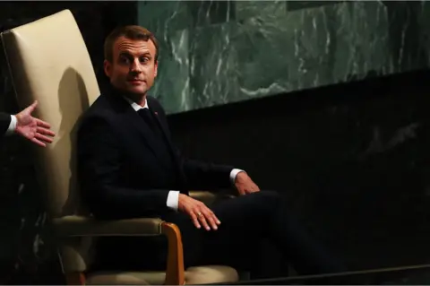 Getty Images French President Emmanuel Macron at the UN, 19 September