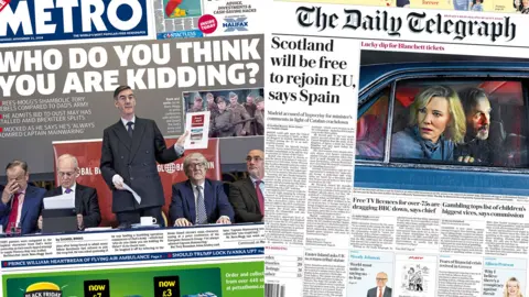 Composite image showing Metro and Telegraph front pages