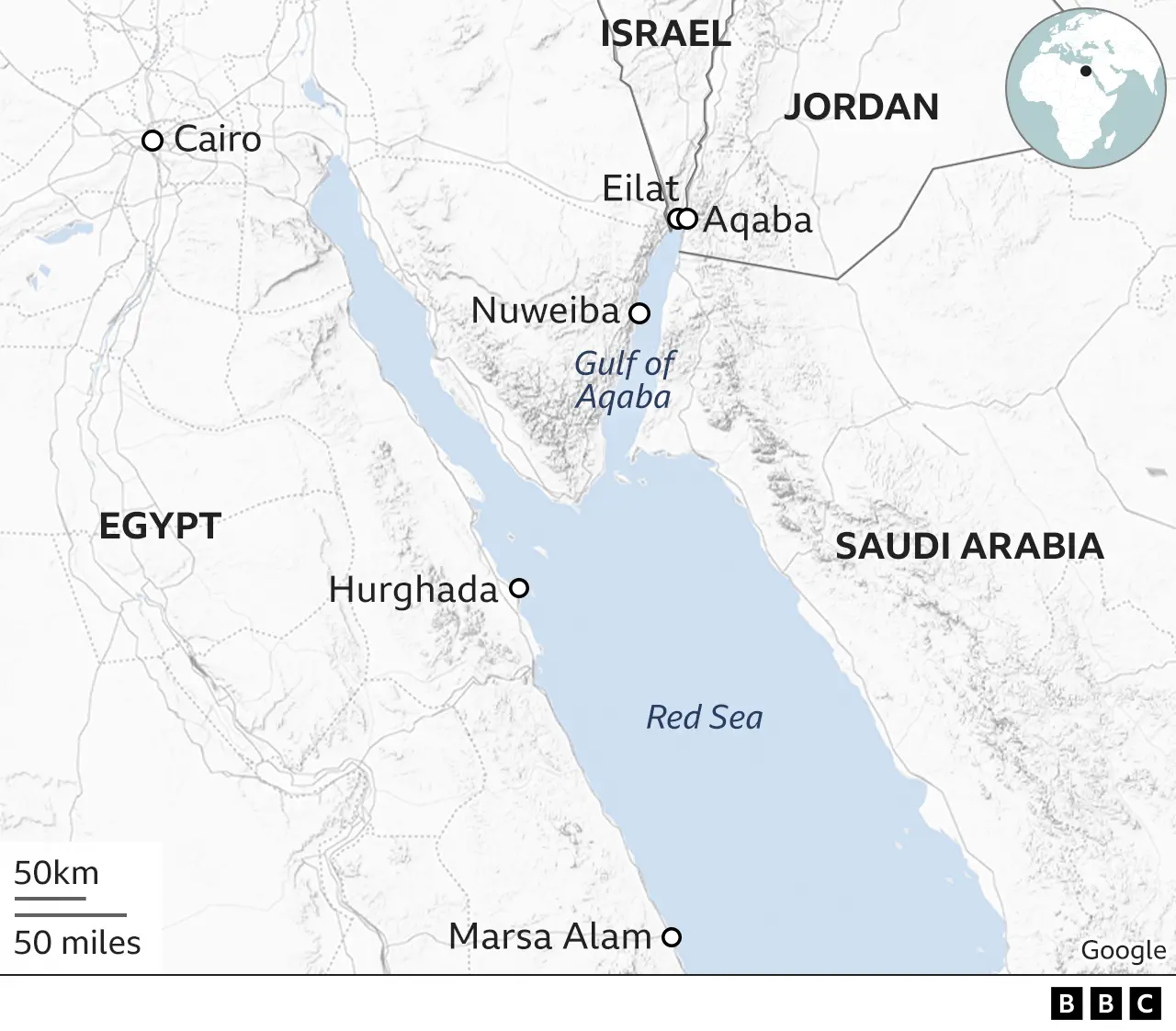 Map showing countries neighbouring the Red Sea