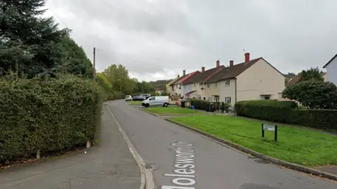 Molesworth Drive - a residential area. It has a pavement to the left, alongside a road which bends around to the right. Seven semi-detached houses are on the right of the road, with a number of vehicles parked up. There is a 'Molesworth Drive' sign on a grass area in front of the homes.