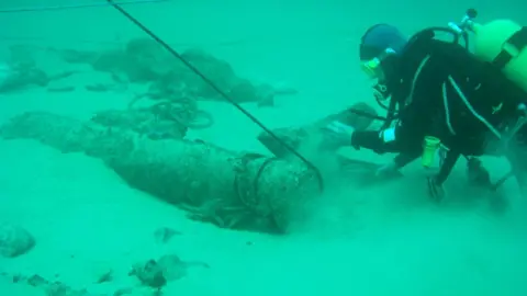 Alderney Maritime Trust Diver examining cannon on Alderney Elizabethan wreck on seabed