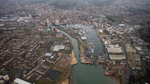 Environment Agency Aerial view of Ipswich flood barrier