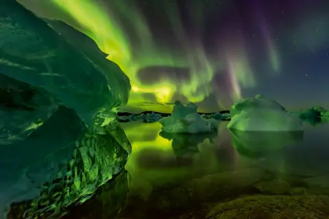 Stefan Forster The northern lights seen above icebergs