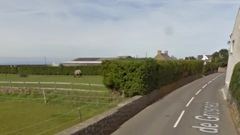 Google Image taken from the road showing a stone wall and hedge with a field behind it. In the background behind a hedge line there is a building on the current Grosnez Farm site. A horse can be seen in the near field.