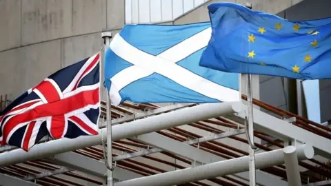 PA Union Jack, Saltire and European flag fly outside the Scottish Parliament