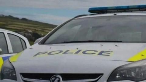 A police car with a hill in the background
