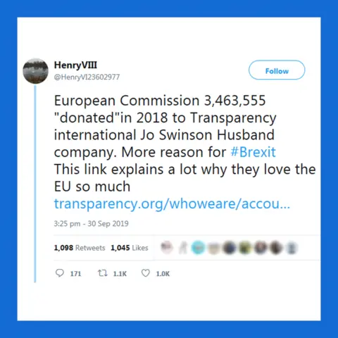 Twitter Tweet "European commission 3.4 million donated in 2018 to Transparency International Jo Swinson husband company. More reason for Brexit. This link explains a lot why they love the EU so much