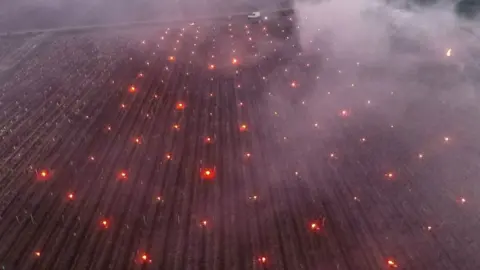 Getty Images Aerial view of smoke rising from fires lit in the vineyards to protect them from frost at the heart of the Vouvray vineyard in Touraine on 7 April
