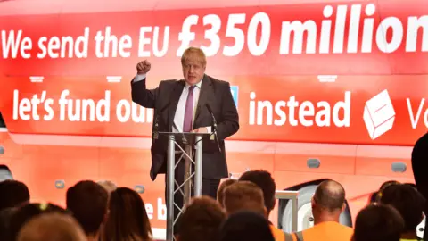 PA Media Boris Johnson during the 2016 Brexit campaign in front of a Leave EU bus covered with the words "We send the EU £350 million a week"