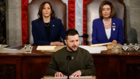 Getty Images Zelensky speaking at the US Capitol in 2022