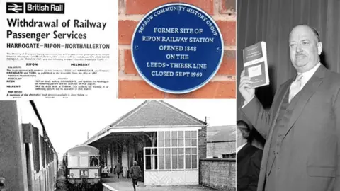 ALAN BROWN/PA/BBC Rail closure poster/Ripon station blue plaque/train at Ripon station/Dr Beeching