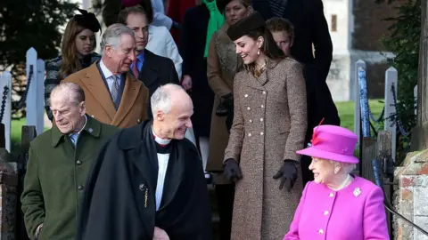 Getty Images Queen Elizabeth II leaves church with Prince William, Duke of Cambridge, Catherine, Duchess of Cambridge, Prince Philip, Duke of Edinburgh, Prince Charles, Prince of Wales and Prince Harry during the Christmas Day church service at Sandringham on December 25, 2014 in King's Lynn, Norfolk