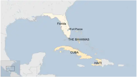Map showing Fort Pierce, The Bahamas, Haiti and Cuba