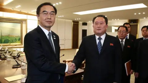 Reuters Head of the North Korean delegation, Ri Son Gwon shakes hands with South Korean counterpart Cho Myoung-gyon after their meeting at the truce village of Panmunjom in the demilitarised zone