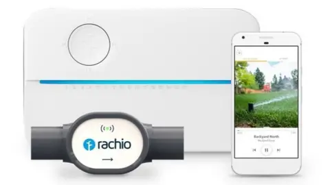 Rachio Product shot of sprinkler controller, flow meter and app