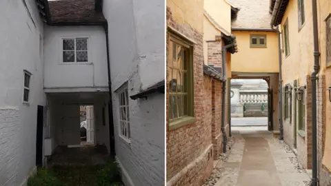 Dylan Thomas/Peterhouse Tunwell's Court passageway, before and after restoration