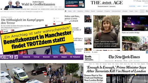 BBC Newspaper front pages covering attacks in London