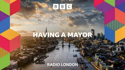 London skyline with Having a Mayor graphics over the top