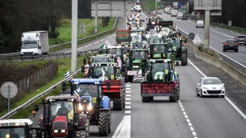 Getty Images Farmers outside Rennes, France during nationwide protests over pay, tax and regulations