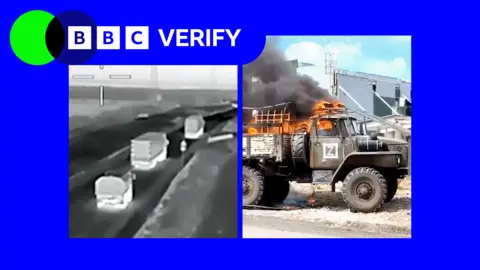 Two screen shots from videos edited next to each other with a BBC Verify logo. One of the images is a screenshot from a drone video showing three military trucks driving on a road, the second is a truck on fire.