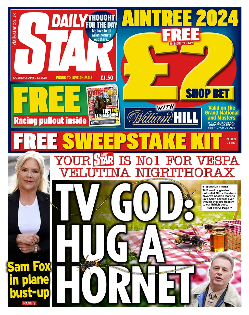 BBC Daily Star headline reads: "TV God: Hug a Hornet"