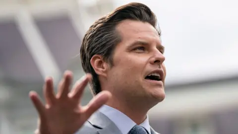 Representative Matt Gaetz speaks to reporters outside the West Wing of the White House