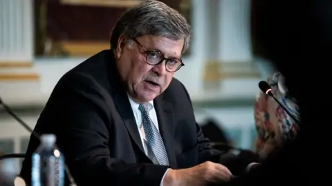 Getty Images Attorney General William Barr speaks during an event to highlight the Department of Justice grants to combat human trafficking